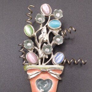 Vintage Enamel Potted Tree Brooch Glass Cats Eye Stone signed KC